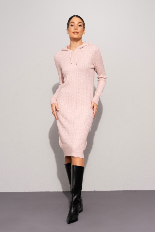 Vestido de malha com capuz e padrão entrançado Vestido de malha com capuz e padrão entrançado