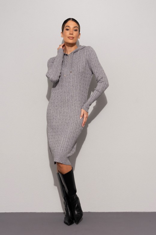 Vestido de malha com capuz e padrão entrançado Vestido de malha com capuz e padrão entrançado
