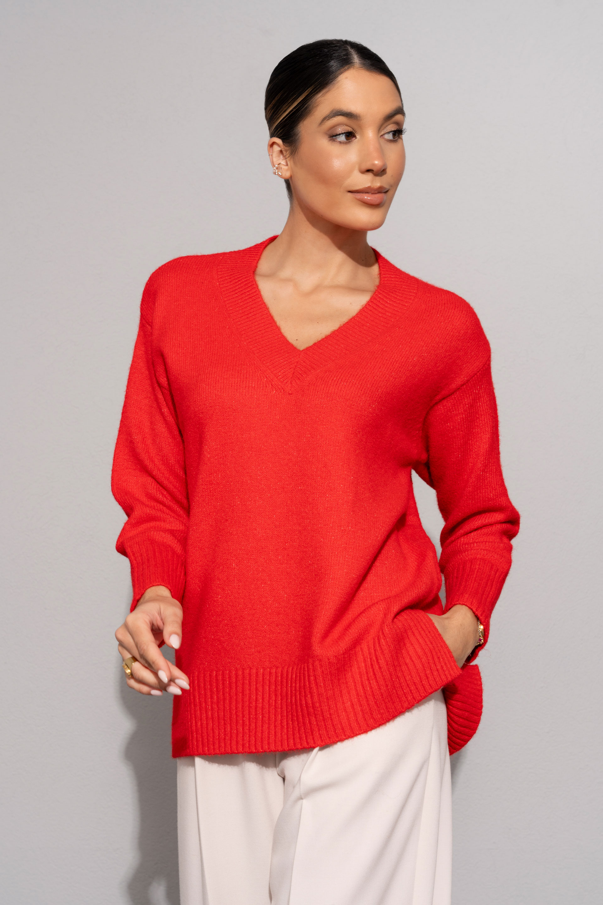 Camisola de malha com decote em v