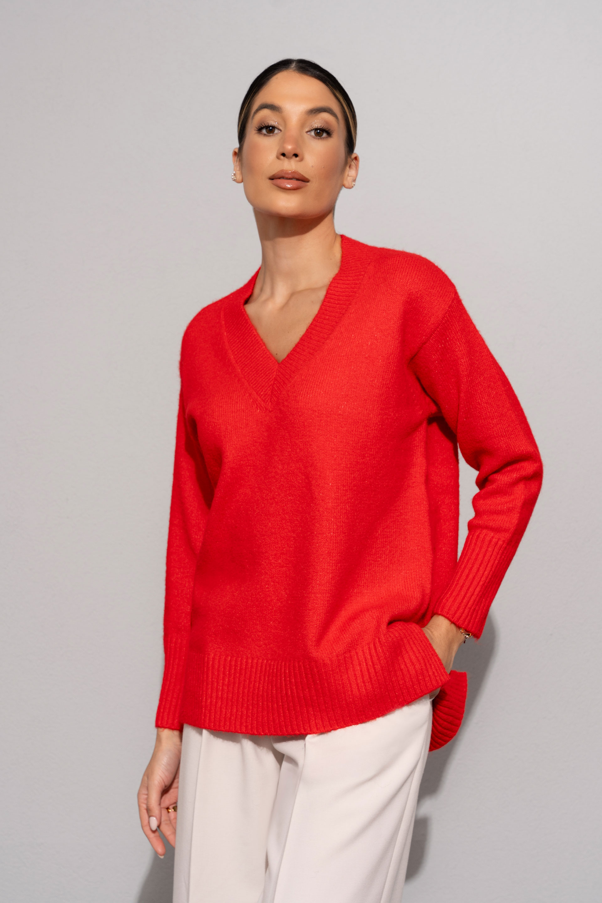 Camisola de malha com decote em v