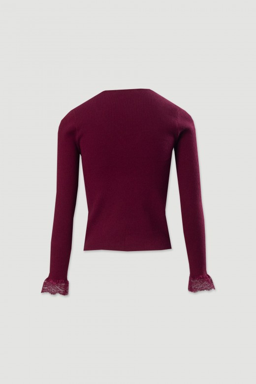 Camisola canelada com detalhe em renda Camisola canelada com detalhe em renda