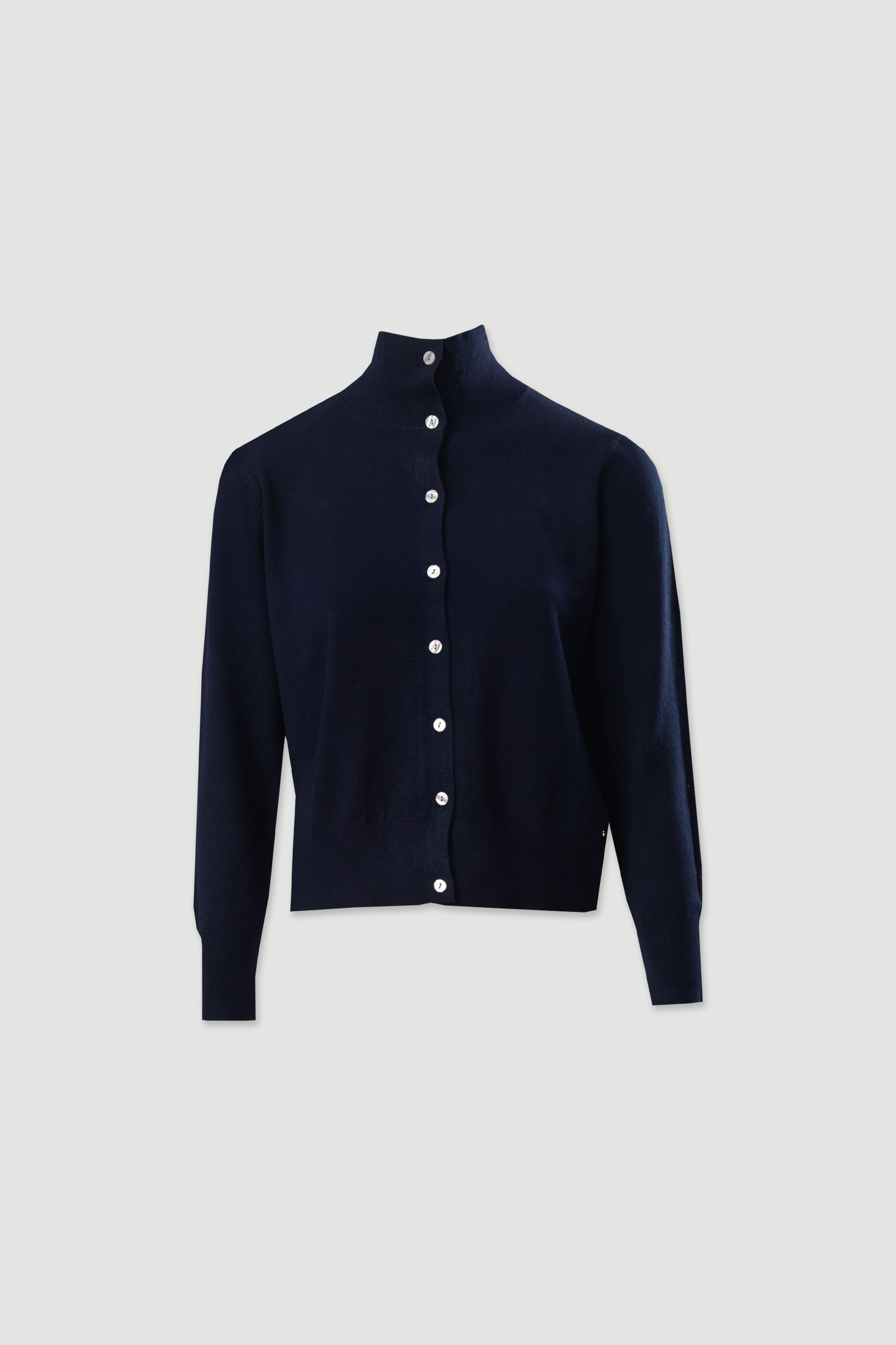 Knit cardigan with ribbed high collar