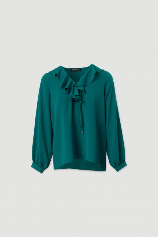 Blouse with ruffle and tie neckline
