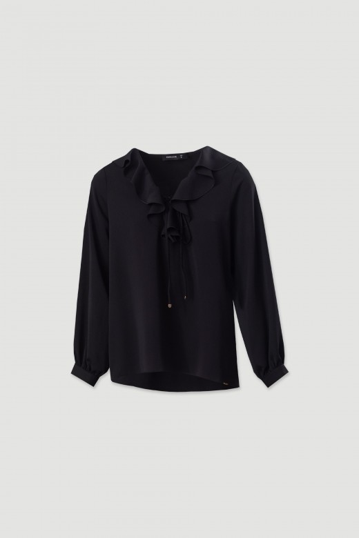 Blouse with ruffle and tie neckline