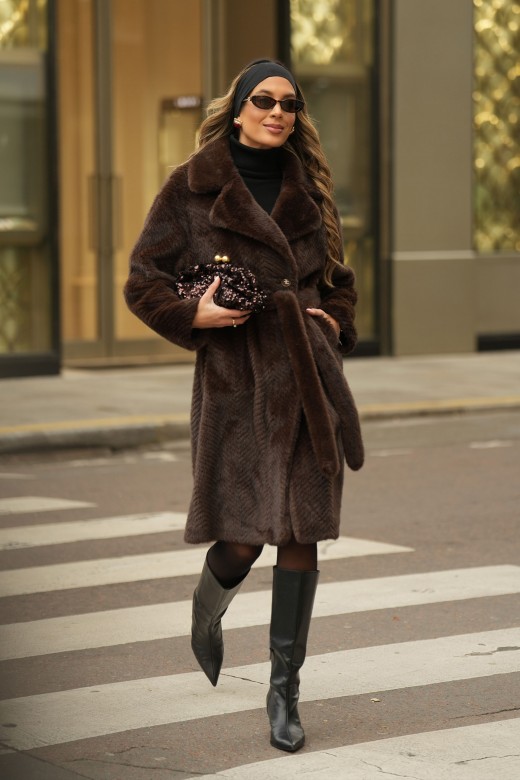 Long faux fur coat with belt