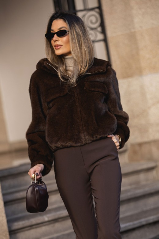 Short faux fur jacket with hood Short faux fur jacket with hood