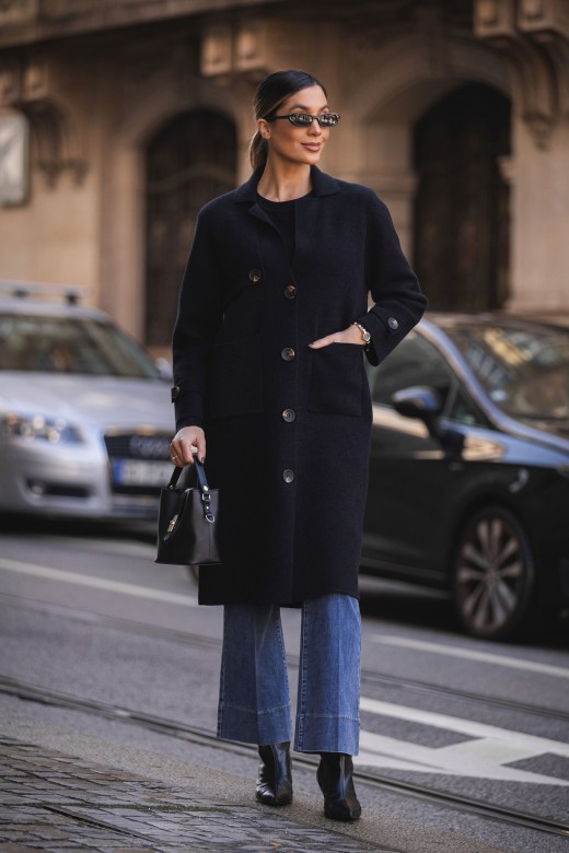 Long knitted coat with buttons