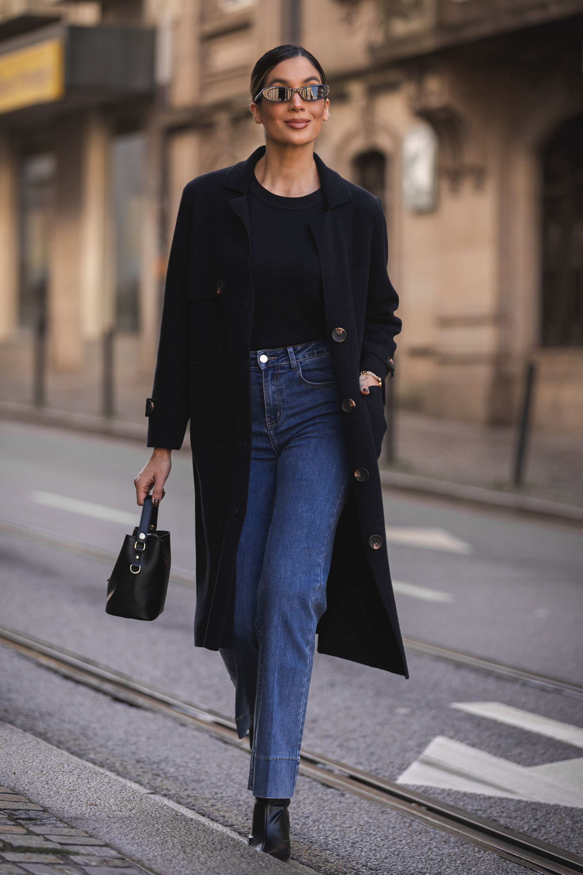 Long knitted coat with buttons