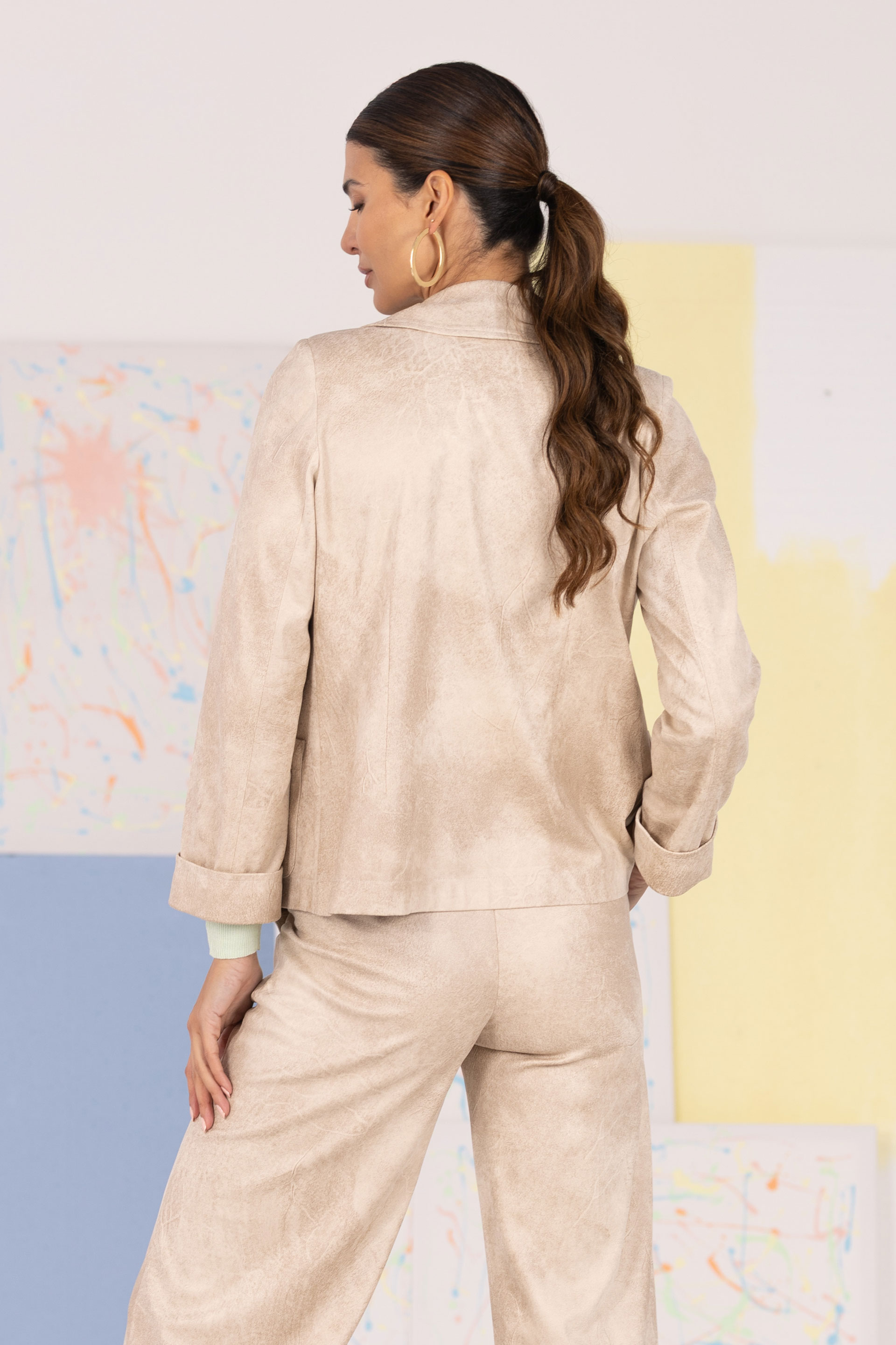 Open-front coat in peach-skin fabric