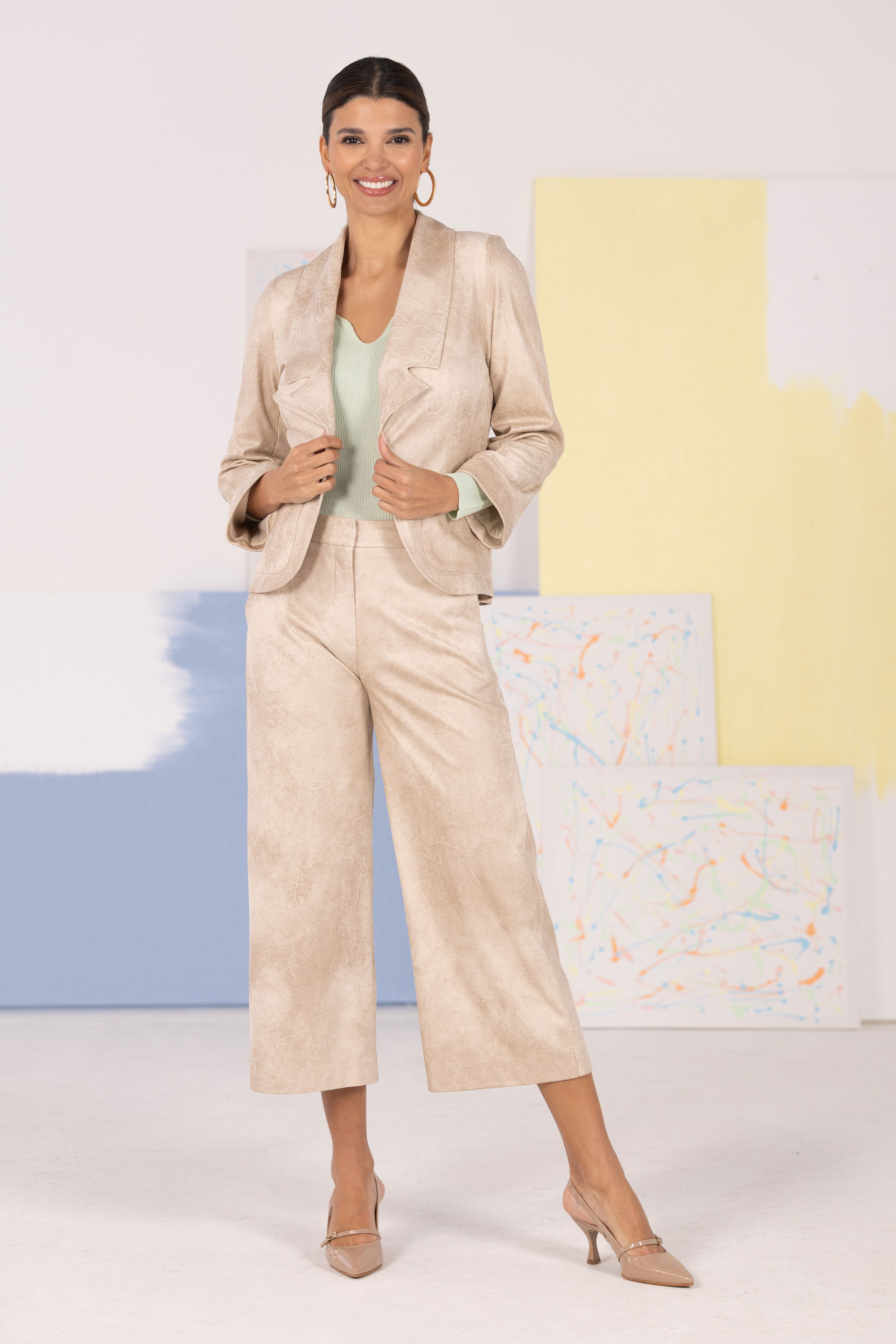 Open-front coat in peach-skin fabric