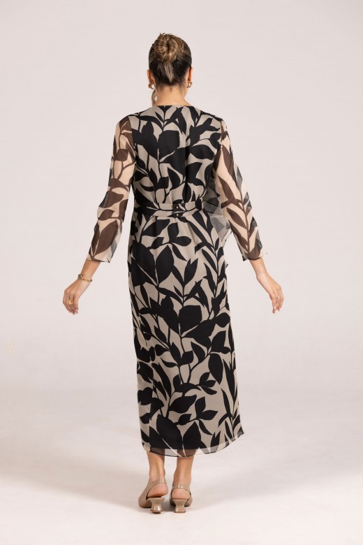 Printed midi dress with v-neckline and belt Printed midi dress with v-neckline and belt
