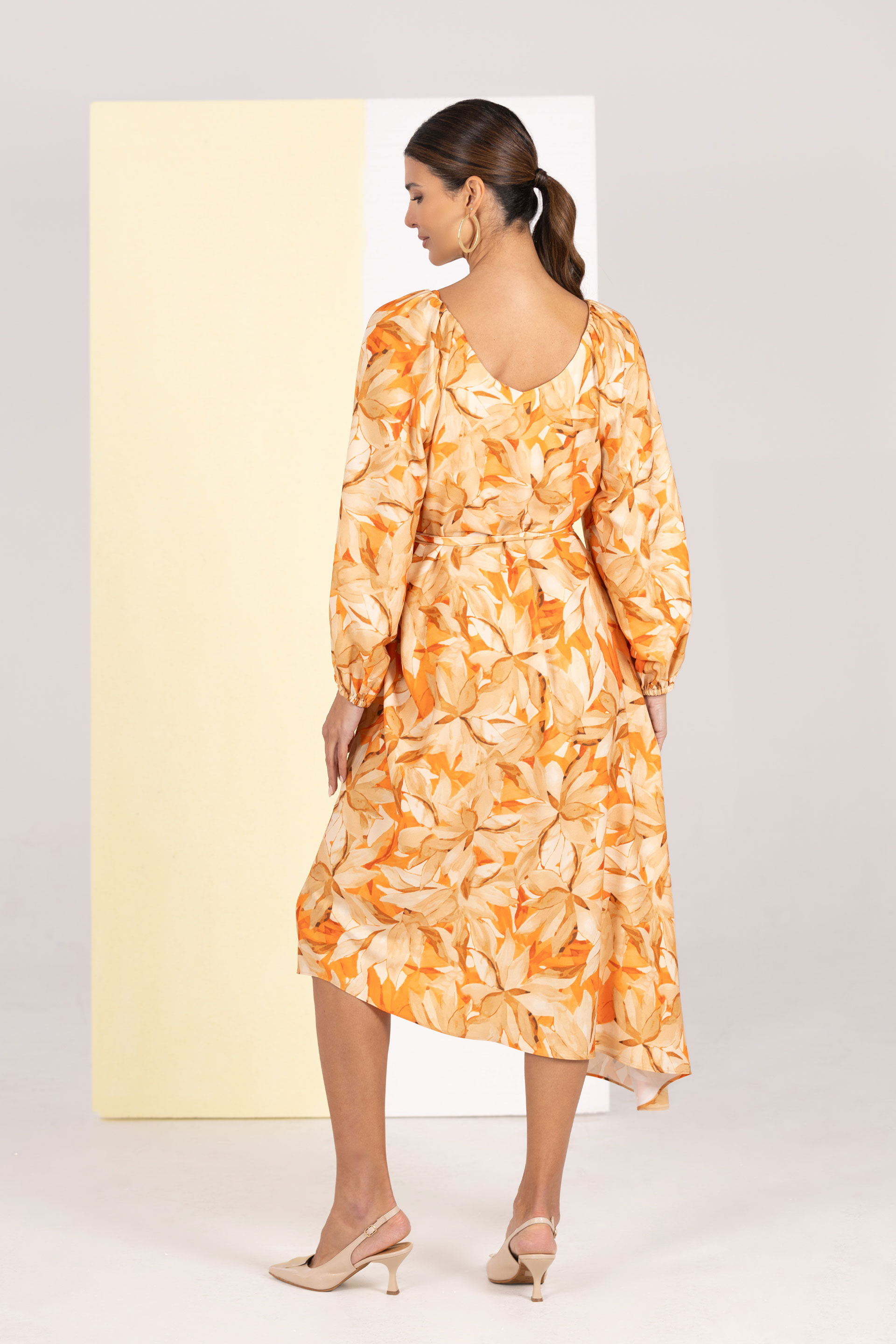 Asymmetric midi dress with floral print