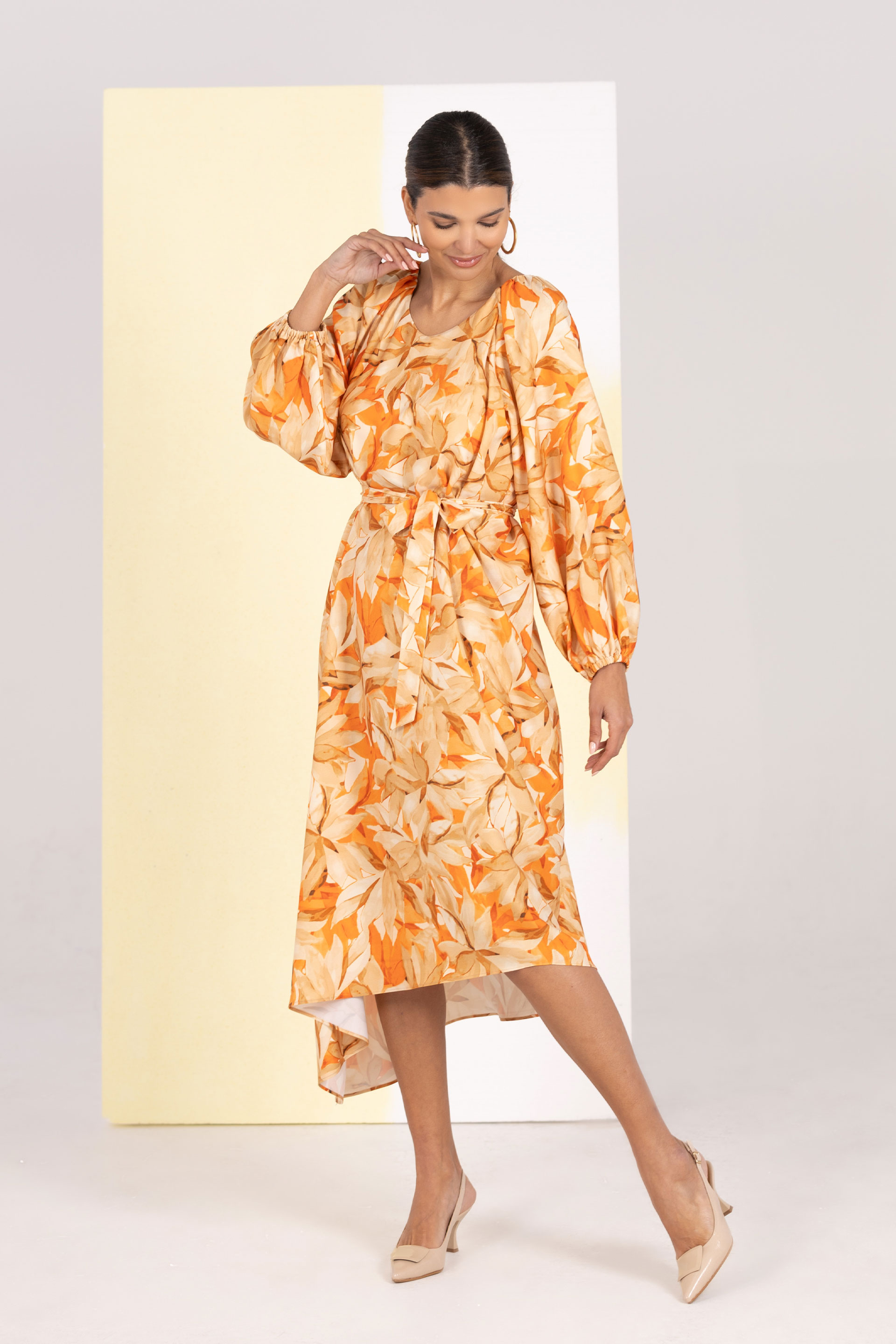 Asymmetric midi dress with floral print