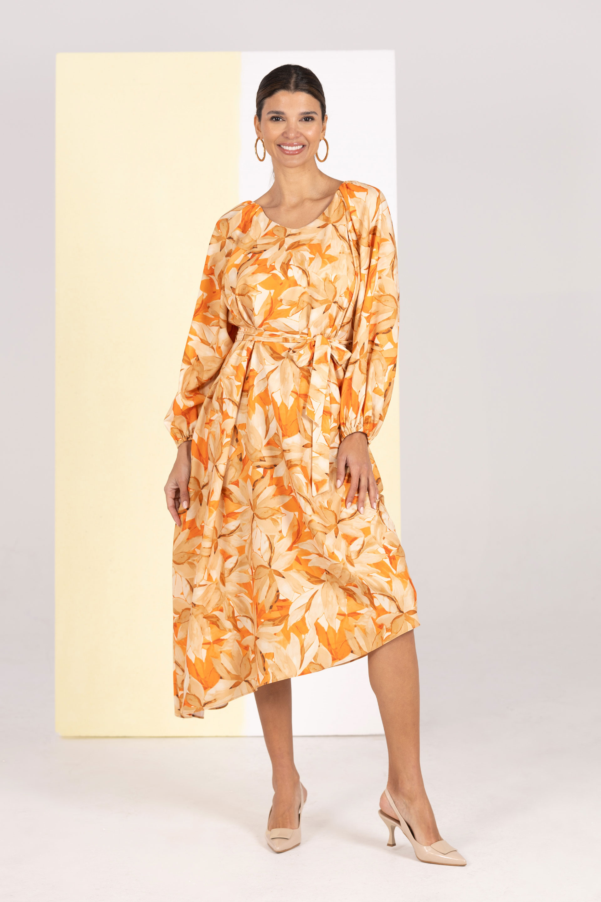 Asymmetric midi dress with floral print