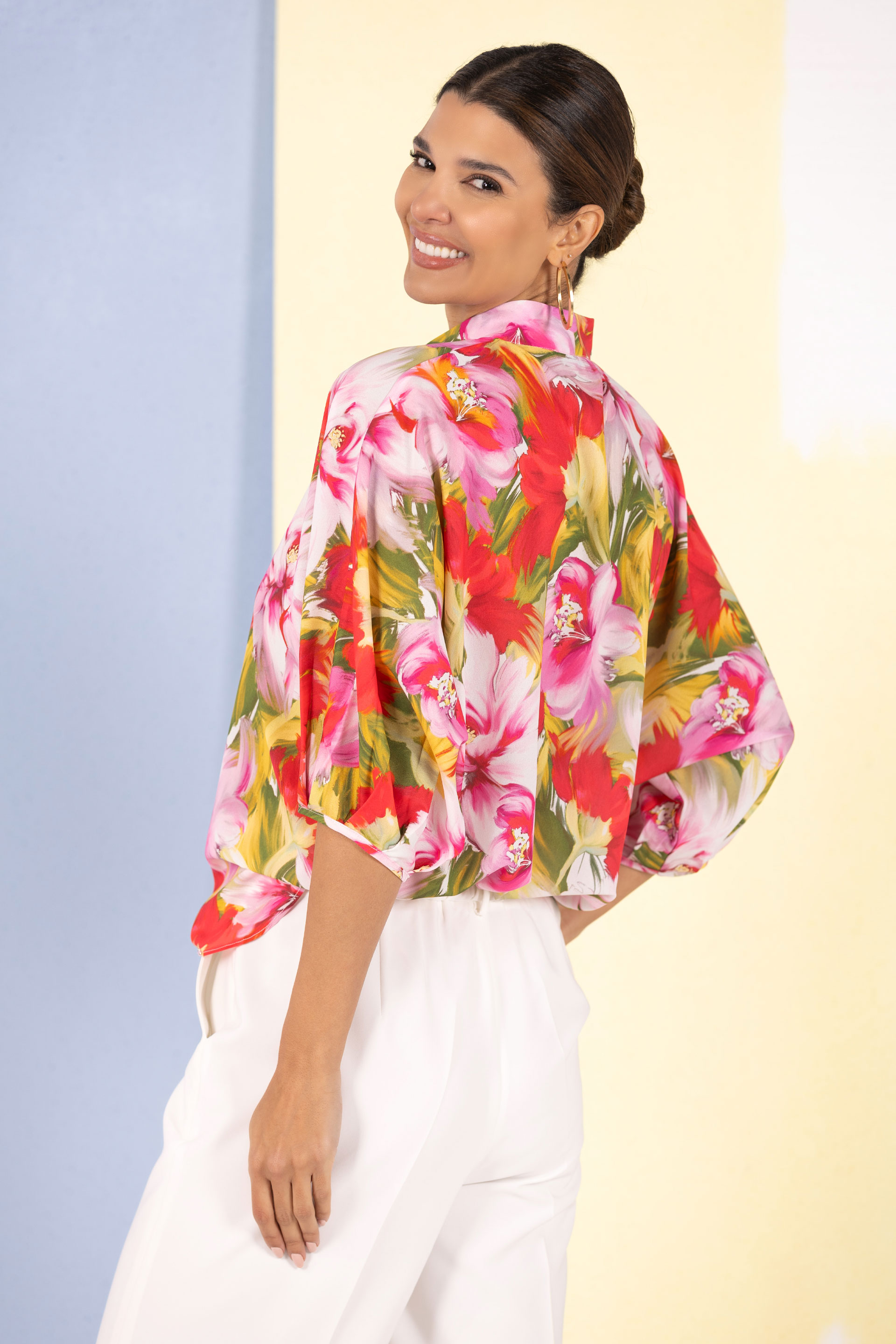 Printed tunic with stand-up collar and 3/4 sleeves