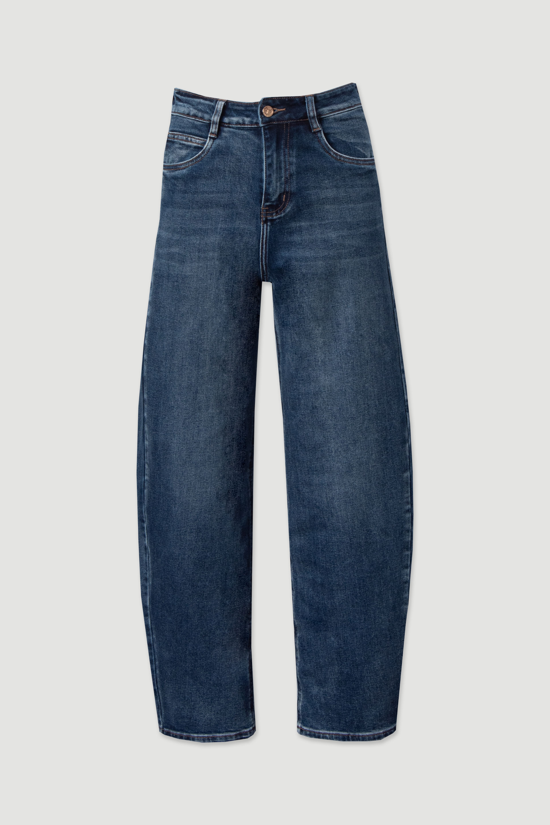 High-waisted balloon jeans with customised button