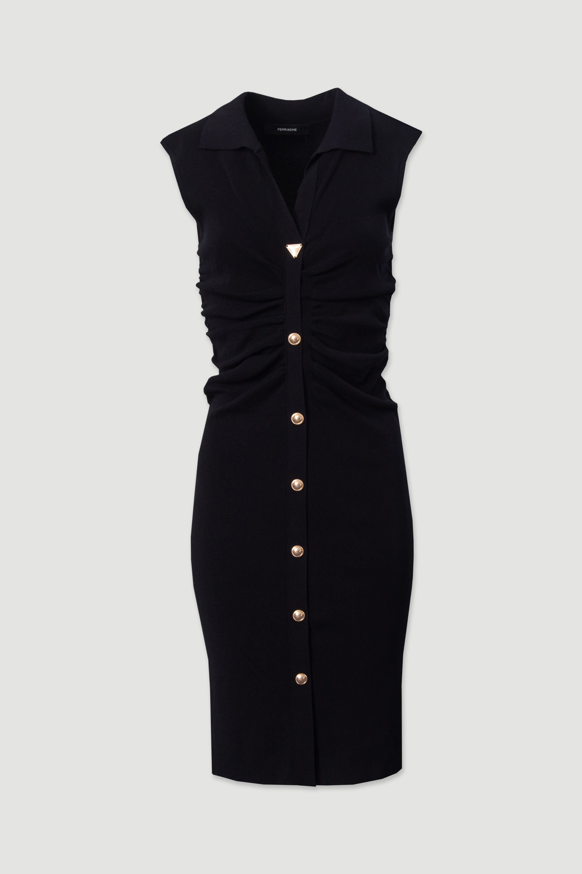 Midi knit dress with ruching and metallic buttons