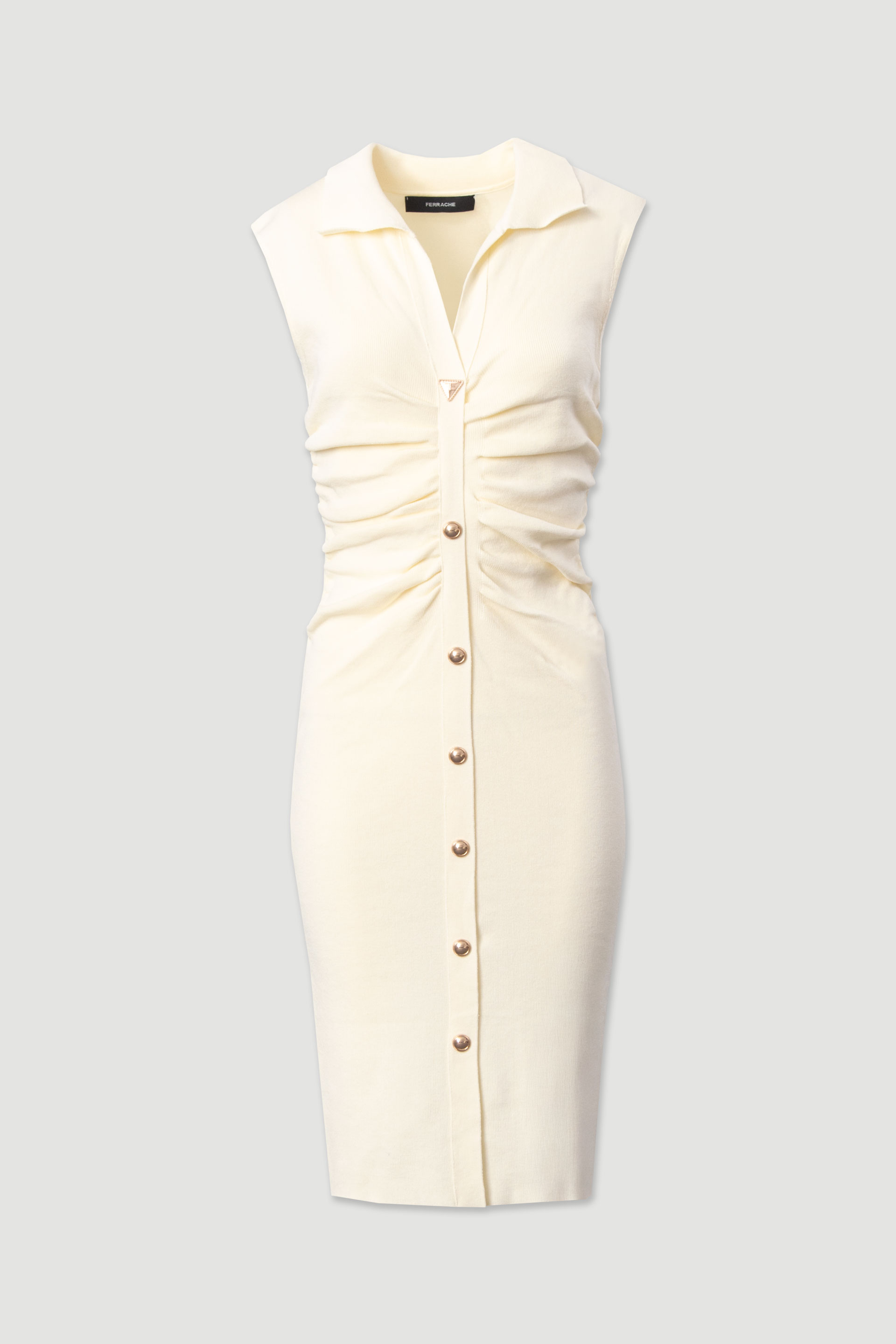 Midi knit dress with ruching and metallic buttons