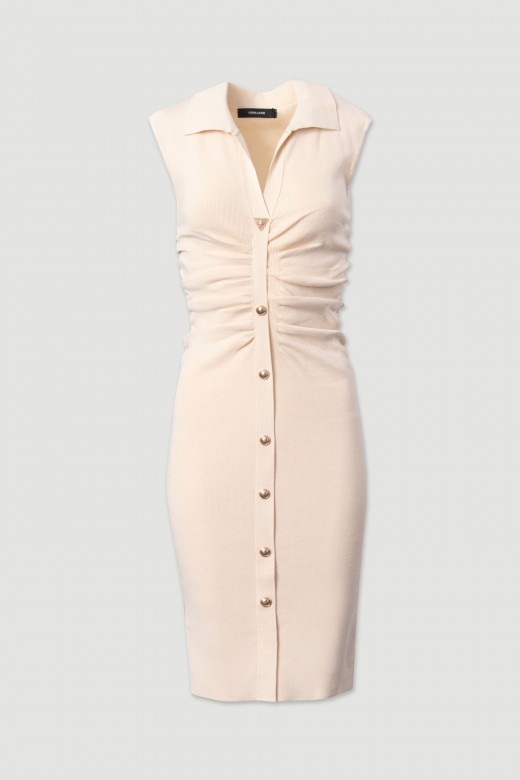 Midi knit dress with ruching and metallic buttons Midi knit dress with ruching and metallic buttons