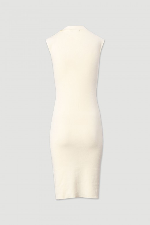 Midi knit dress with ruching and metallic buttons