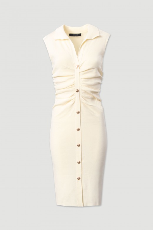 Midi knit dress with ruching and metallic buttons
