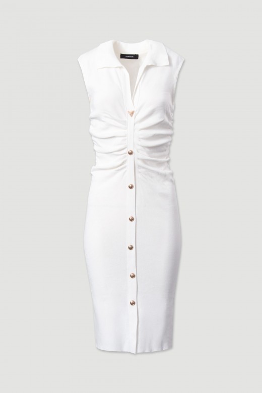 Midi knit dress with ruching and metallic buttons