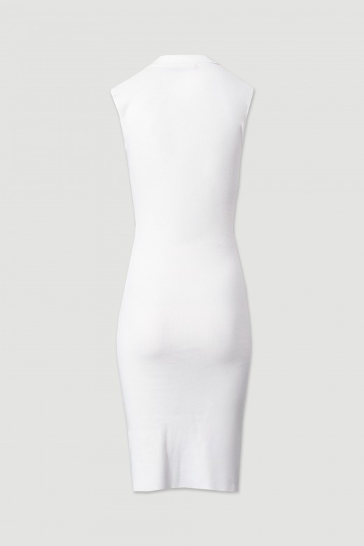 Midi knit dress with ruching and metallic buttons