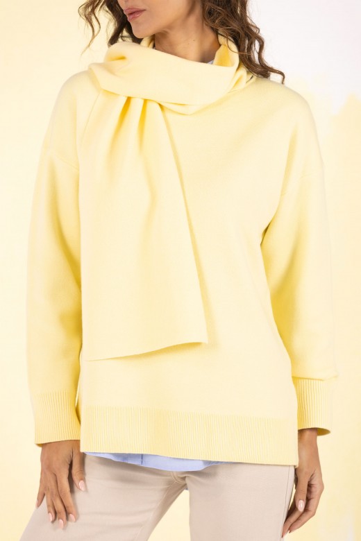 Knit sweater with fixed scarf effect