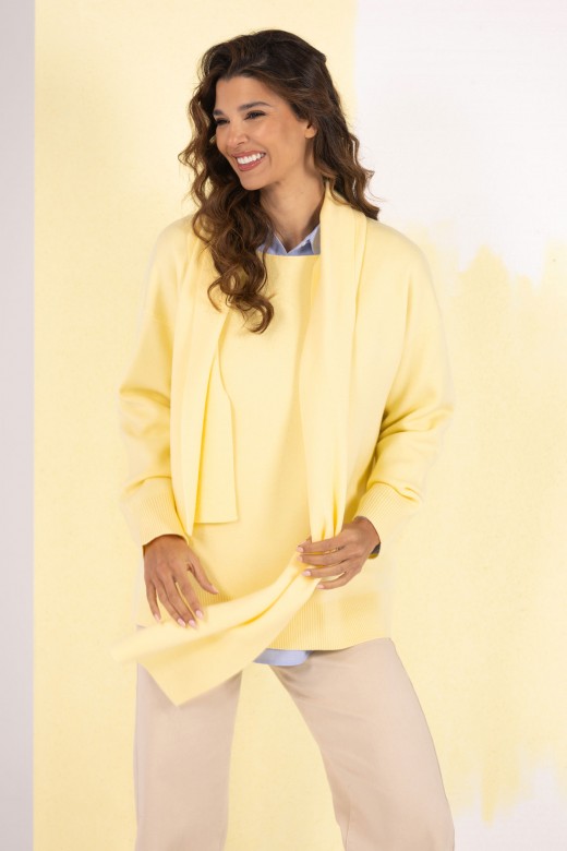 Knit sweater with fixed scarf effect