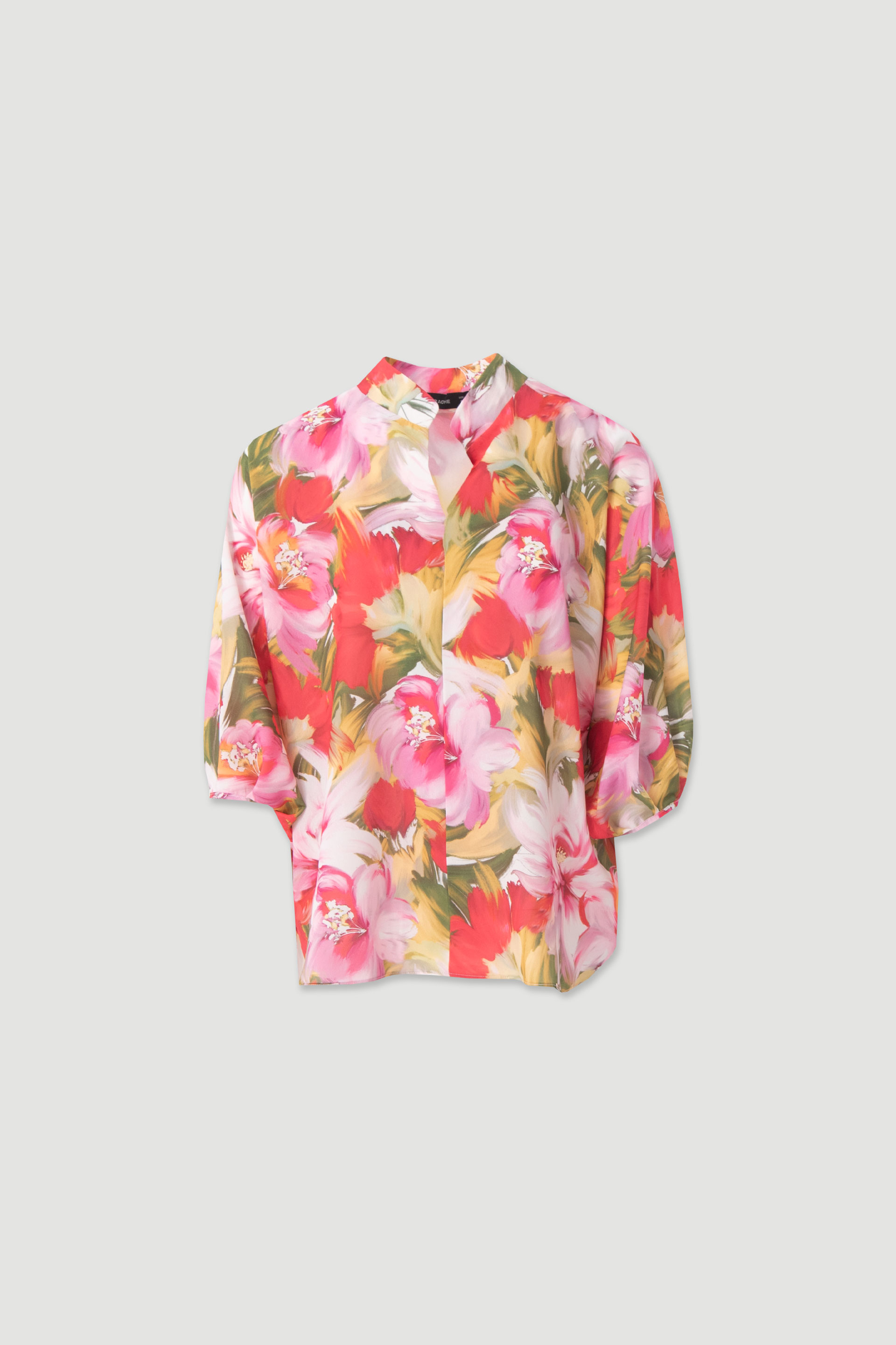 Printed tunic with stand-up collar and 3/4 sleeves