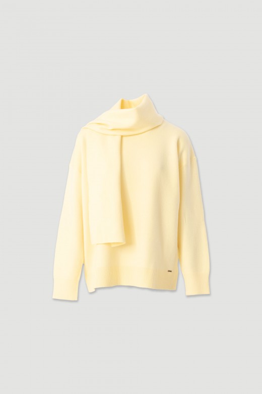 Knit sweater with fixed scarf effect