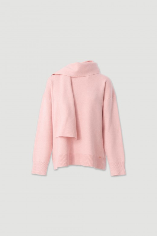 Knit sweater with fixed scarf effect Knit sweater with fixed scarf effect