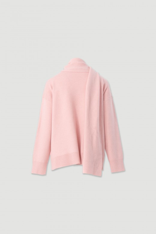 Knit sweater with fixed scarf effect Knit sweater with fixed scarf effect