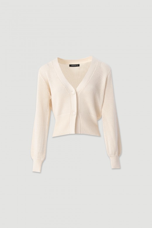 Short openwork knit cardigan with buttons