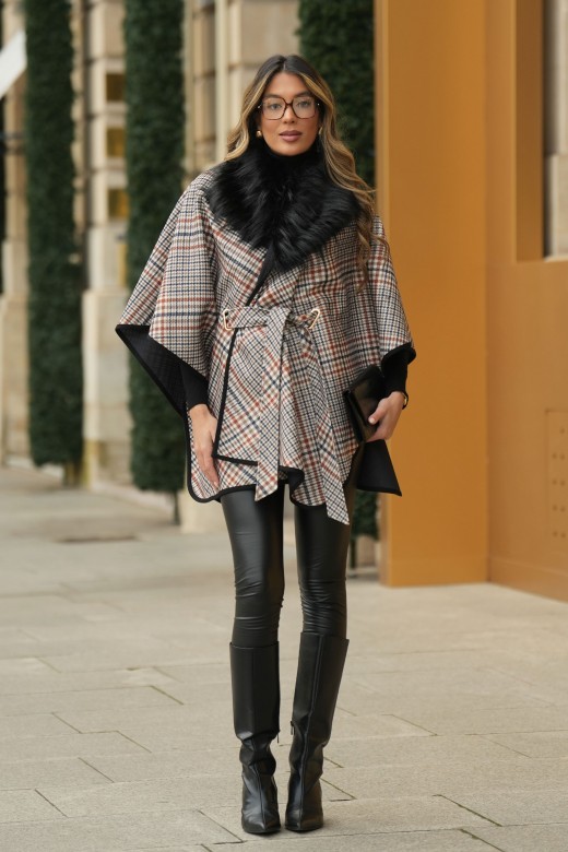 Checked cape with faux fur collar