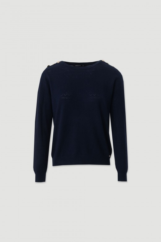 Textured knit sweater with decorative shoulder buttons
