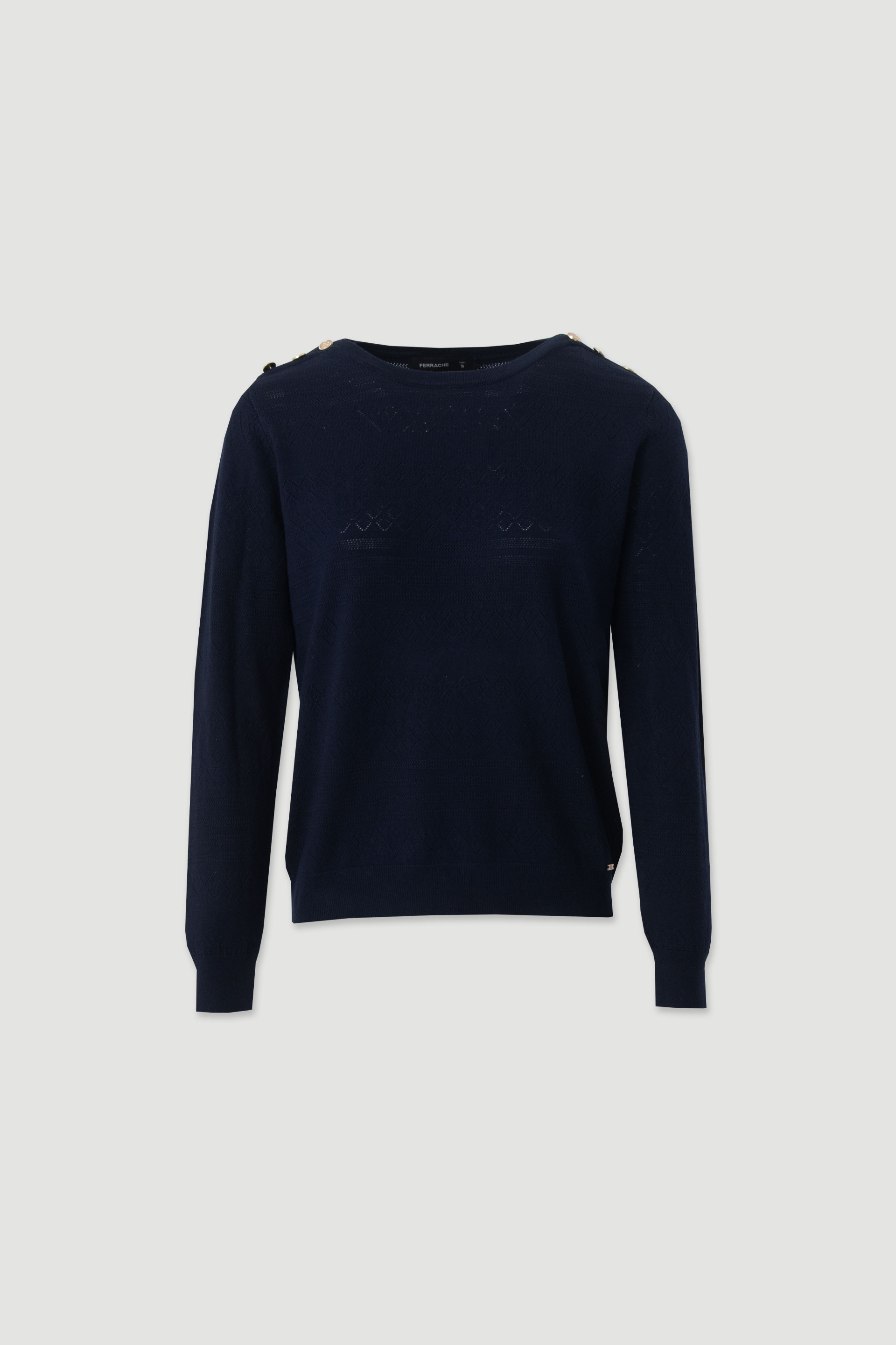 Textured knit sweater with decorative shoulder buttons
