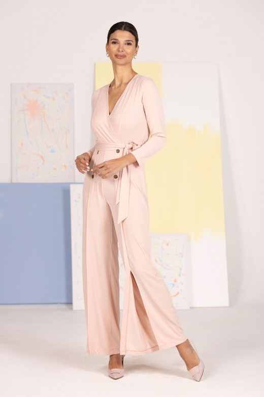 Fluid women�s jumpsuit with crossover neckline and belt