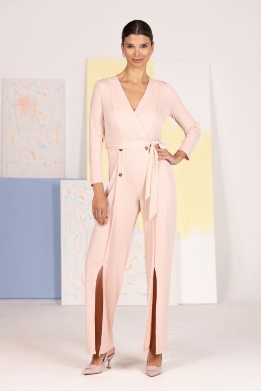 Fluid women’s jumpsuit with crossover neckline and belt Fluid women’s jumpsuit with crossover neckline and belt