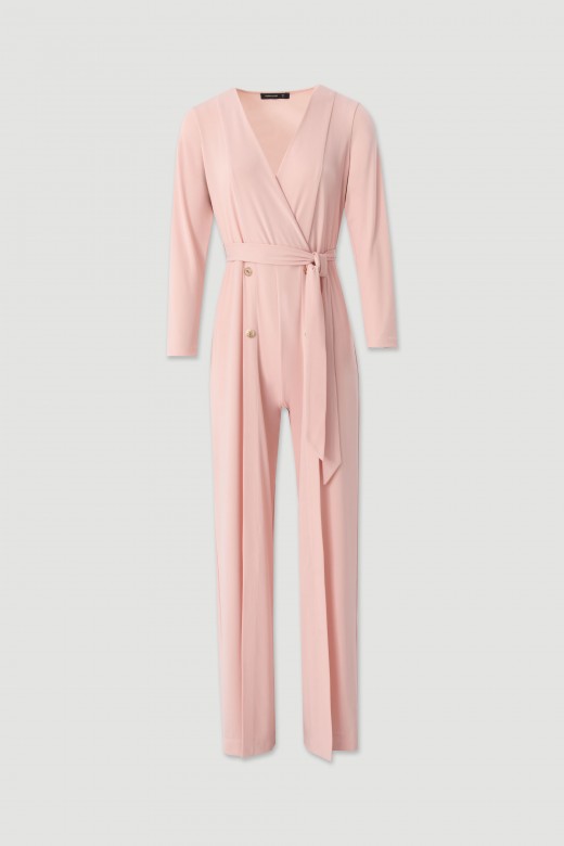 Fluid women�s jumpsuit with crossover neckline and belt