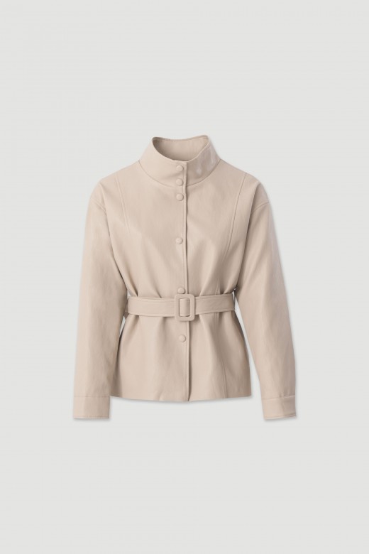 Fitted coat with high collar and belt