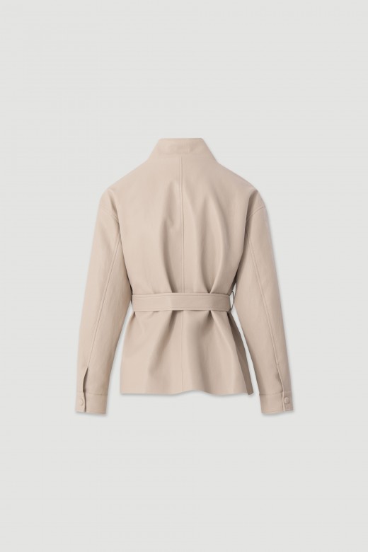 Fitted coat with high collar and belt