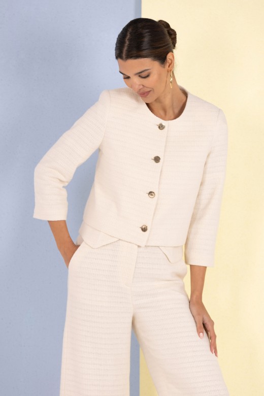 Short textured jacket with metal buttons