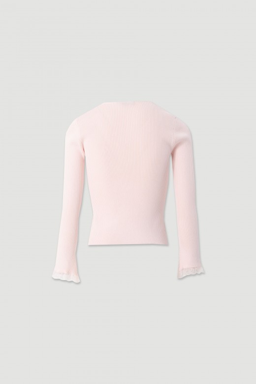 Camisola de malha canelada com decote em v e renda Camisola de malha canelada com decote em v e renda