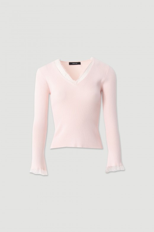 Camisola de malha canelada com decote em v e renda