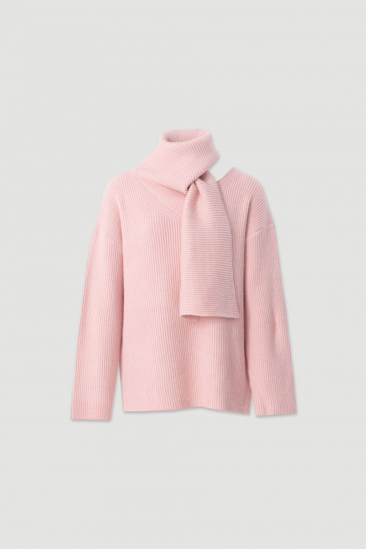 Ribbed knit sweater with integrated scarf Ribbed knit sweater with integrated scarf