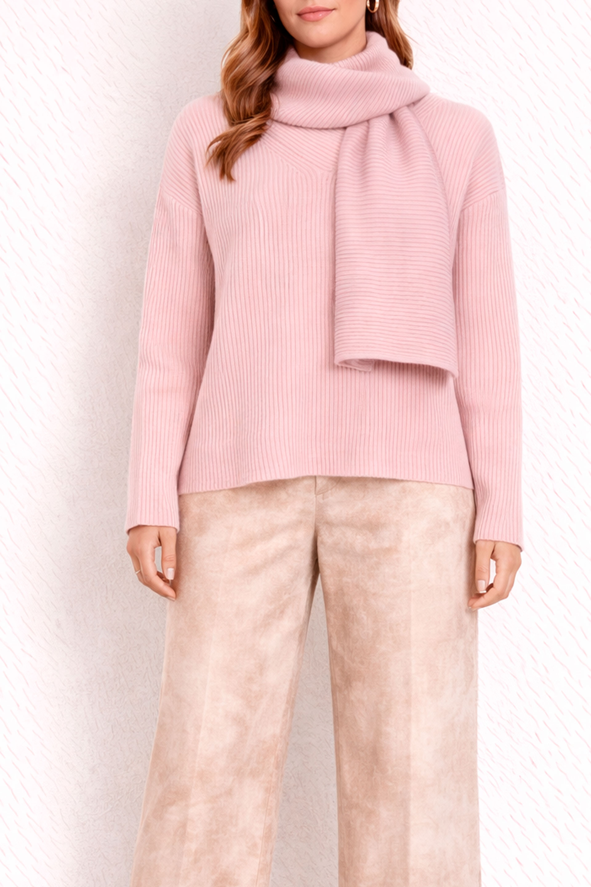 Ribbed knit sweater with integrated scarf