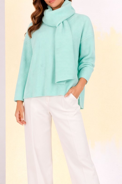 T�nica de malha canelada com cachecol integrado