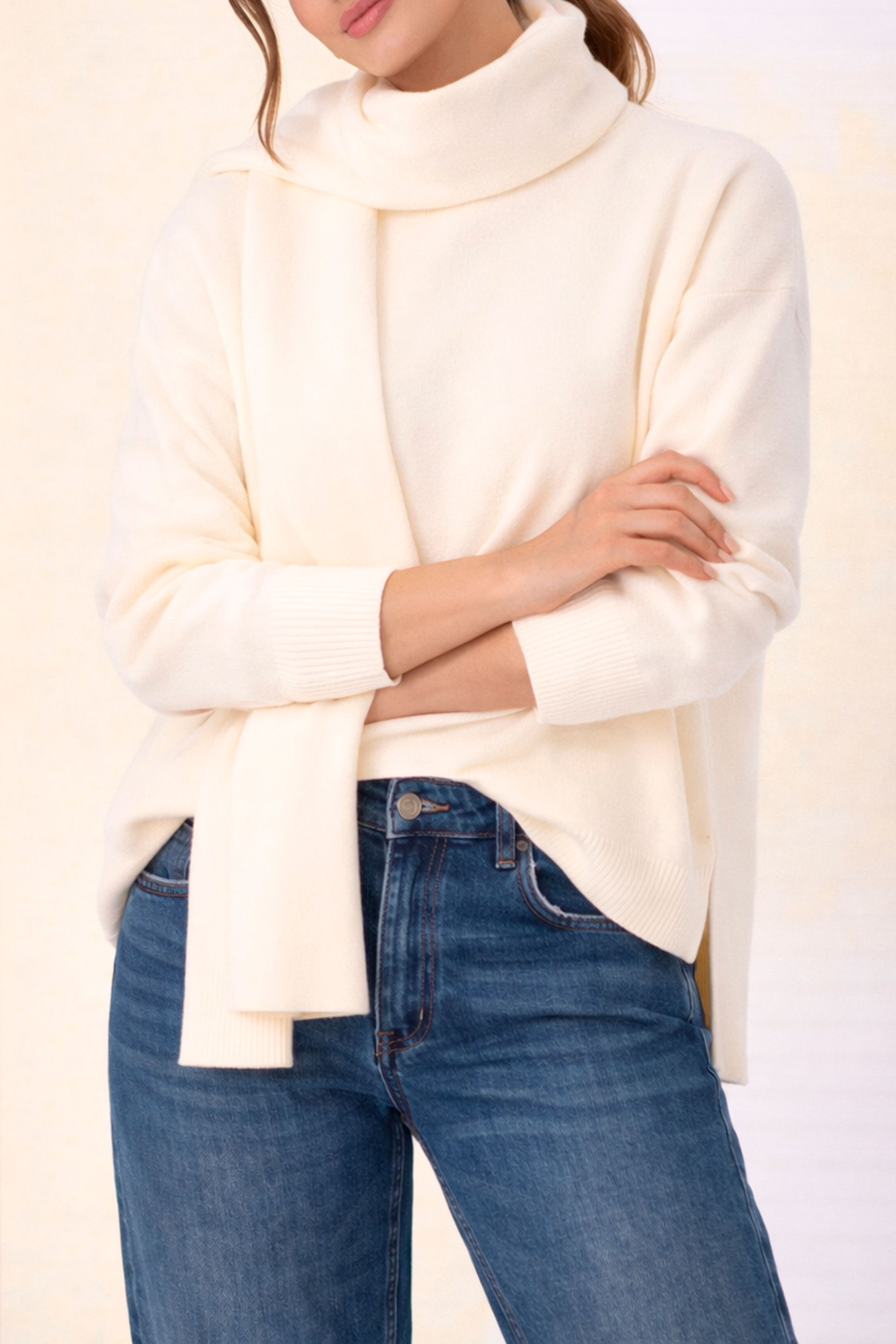 Knit sweater with fixed scarf effect