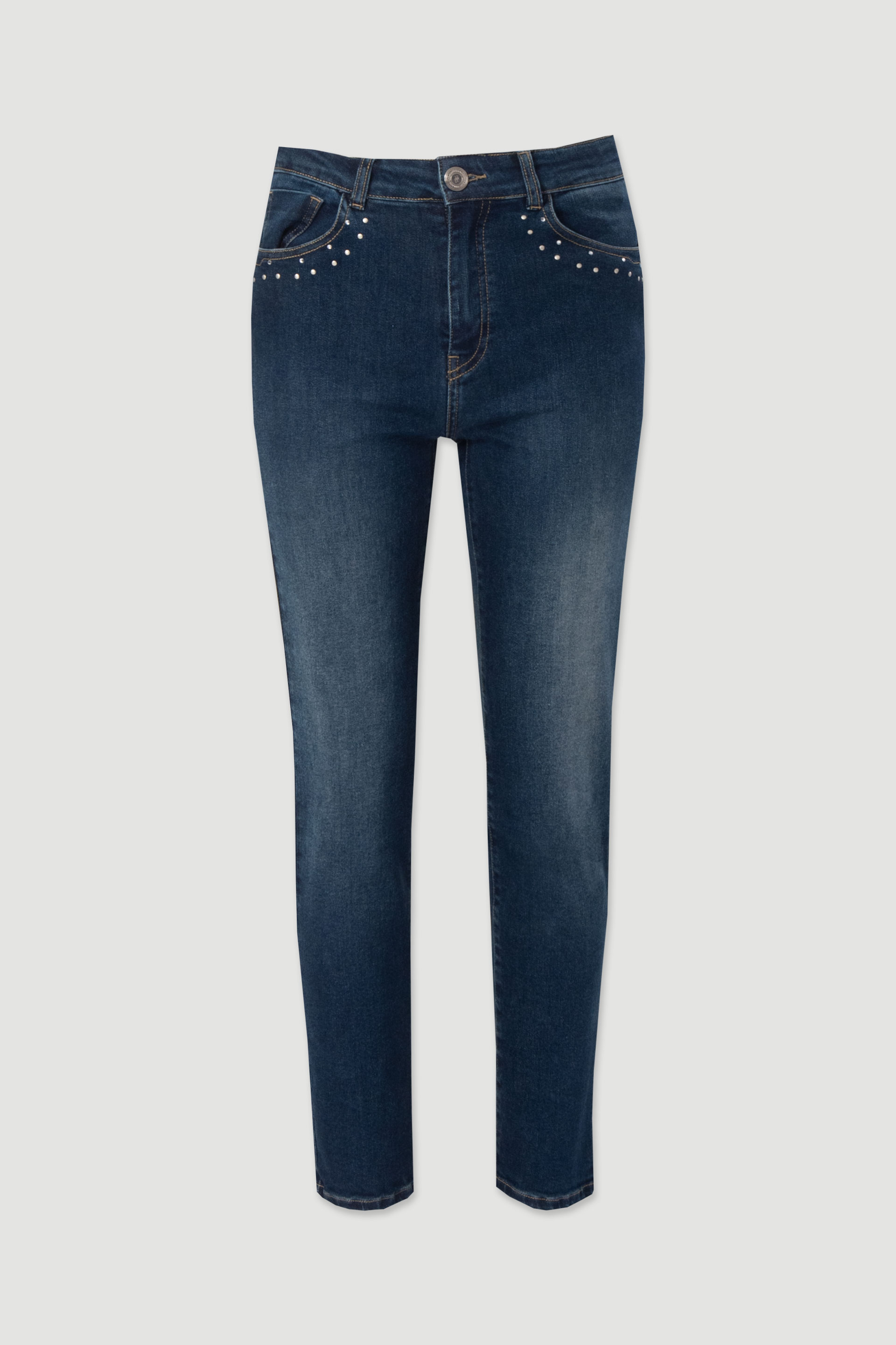 Skinny jeans with metallic transfers on the pockets